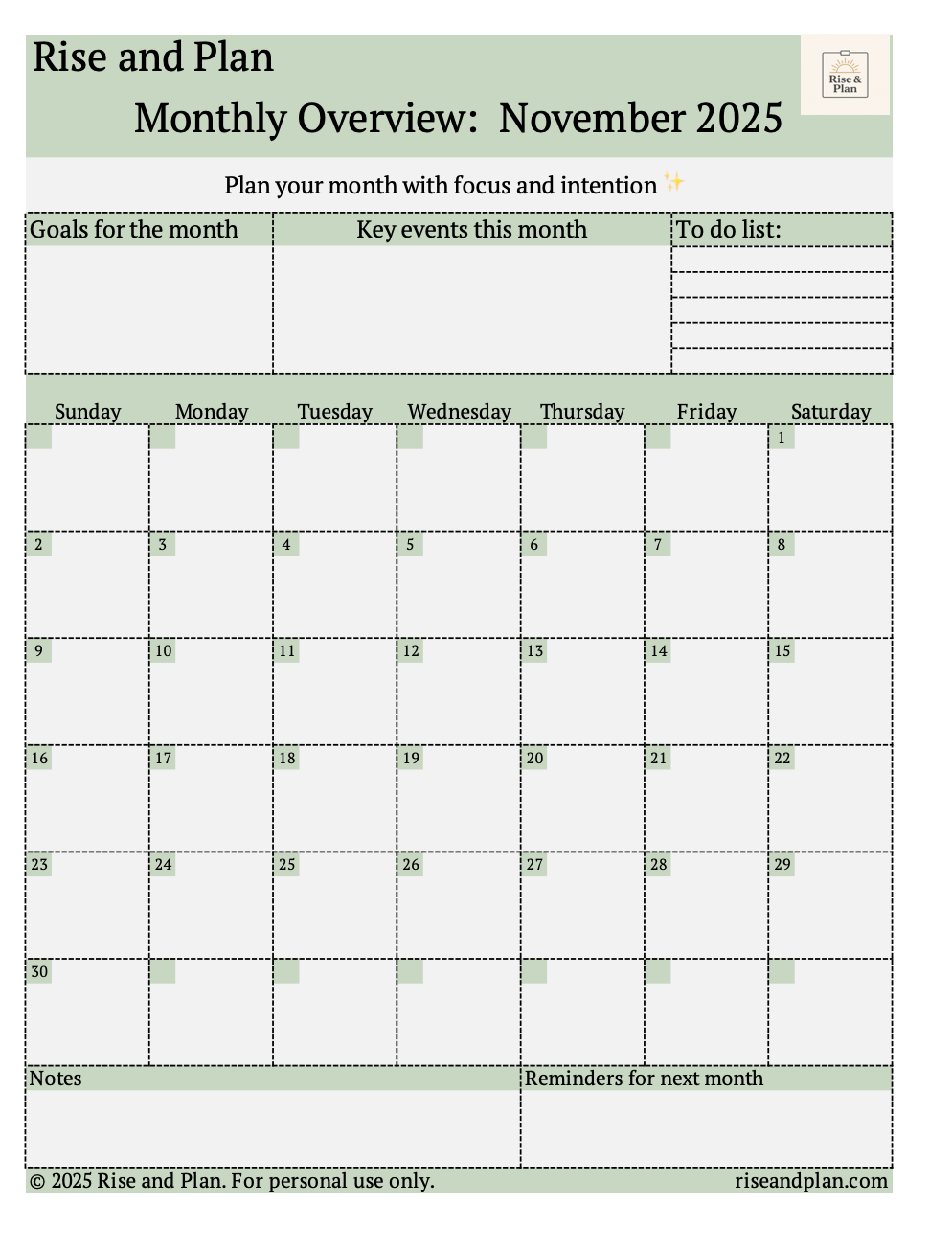 Rise & Plan End-of-Year Monthly Overview (Freebie) (Oct, Nov, Dec)