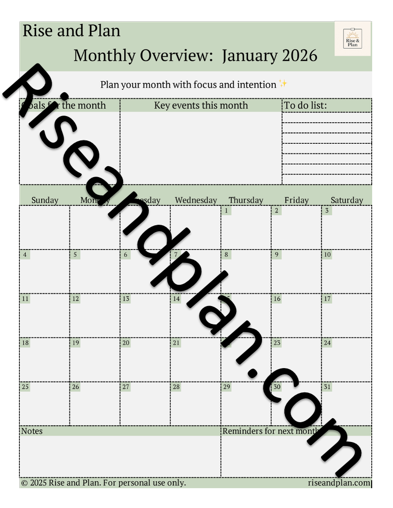 Rise & Plan 2026 Monthly Overview- Dated Planner Pages
